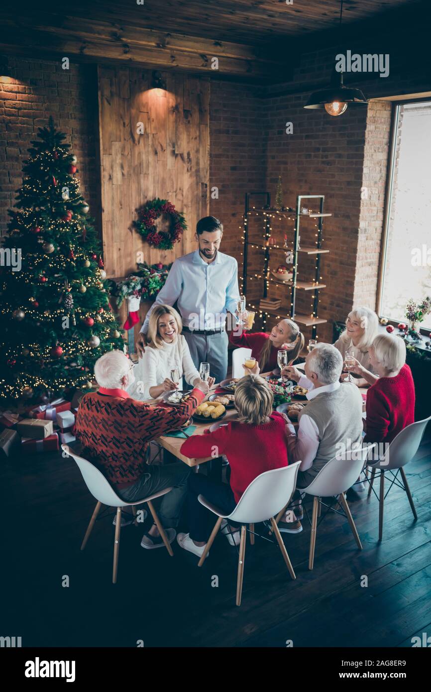 Vertical Photo Of Big Eight Members Family Sit Dinner Table Father