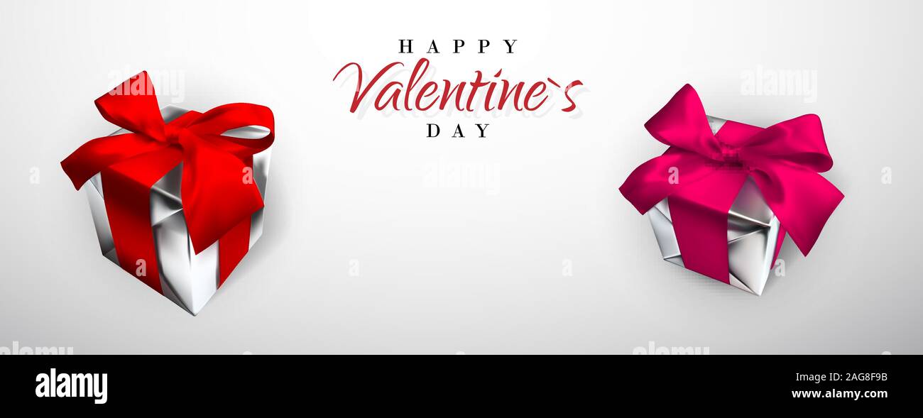 Happy Valentines Day. Realistic gift box with red and pink bow. Holiday ...