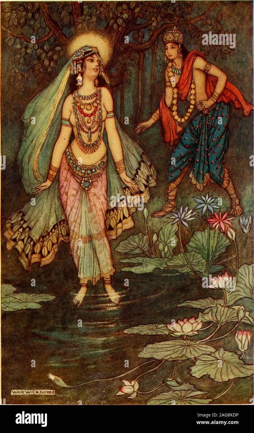 . Indian myth and legend. could they escape this fate, so great was the Rishis powerover celestial beings. So they hastened to Ganga, andshe consented to become their human mother, promisingthat she would cast them one by one into the Gangessoon after birth, so that they might return speedily totheir celestial state. For this service Ganga made eachof the Vasus promise to confer an eighth part of his poweron her son, who, according to her desire, should remainamong men for many years, but would never marry orhave offspring. who lived in the fifth century a.d. He makes the king give the heroine Stock Photo