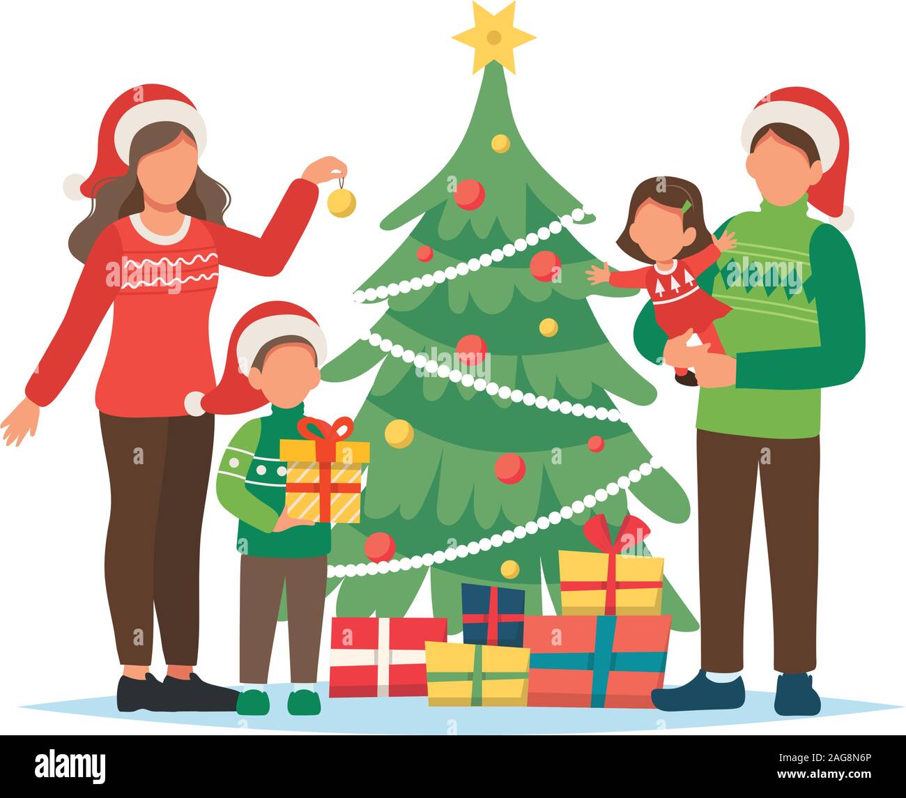 Family Decorating Christmas Tree Cute Vector Illustration In Flat Style Stock Vector Image Art Alamy