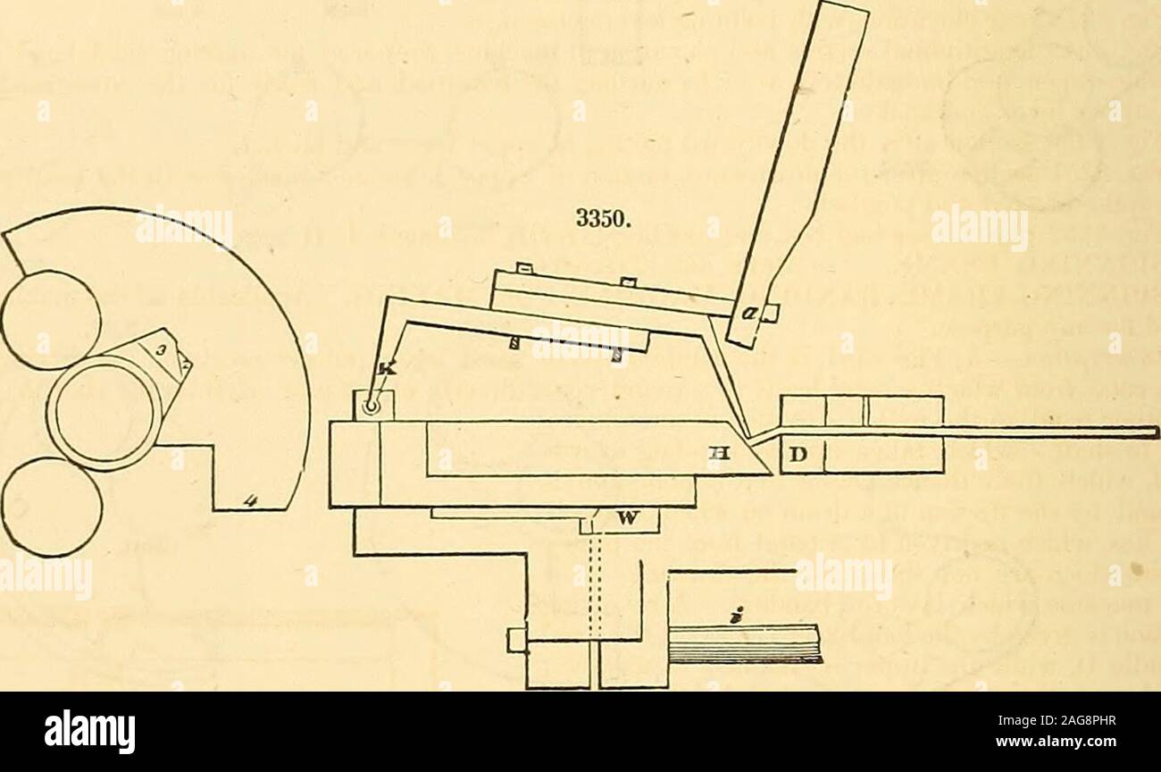 . Appleton's dictionary of machines, mechanics, engine-work, and engineering. 650 SPIKE MACHINE. There is a cog-wheel/on the shaft of each of the rolls, the three being of equal diameter, and thes6three are caused to rotate in the same direction by means of two intermediate cog-wheels g g. Thedriving power should be applied to the shaft h of one of the rolls in any desired manner, although itmay be applied to the shafts of one of the intermediate wheels. The dotted lines i j in sections,represent the inclination of the axis of the rolls, and the intermediate wheels form the axis roundwhich the Stock Photo