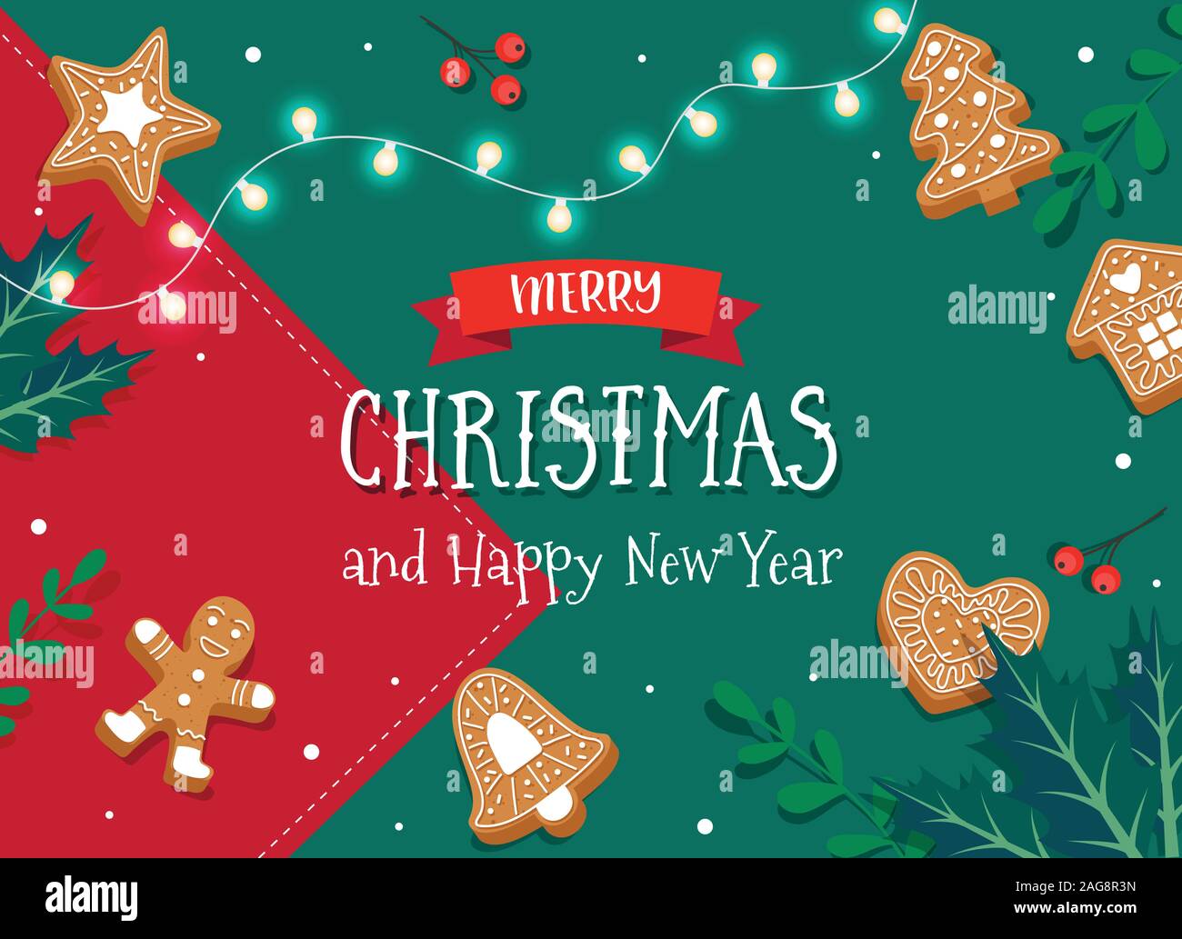 Merry Christmas card template with gingerbread cookies. Cute vector ...