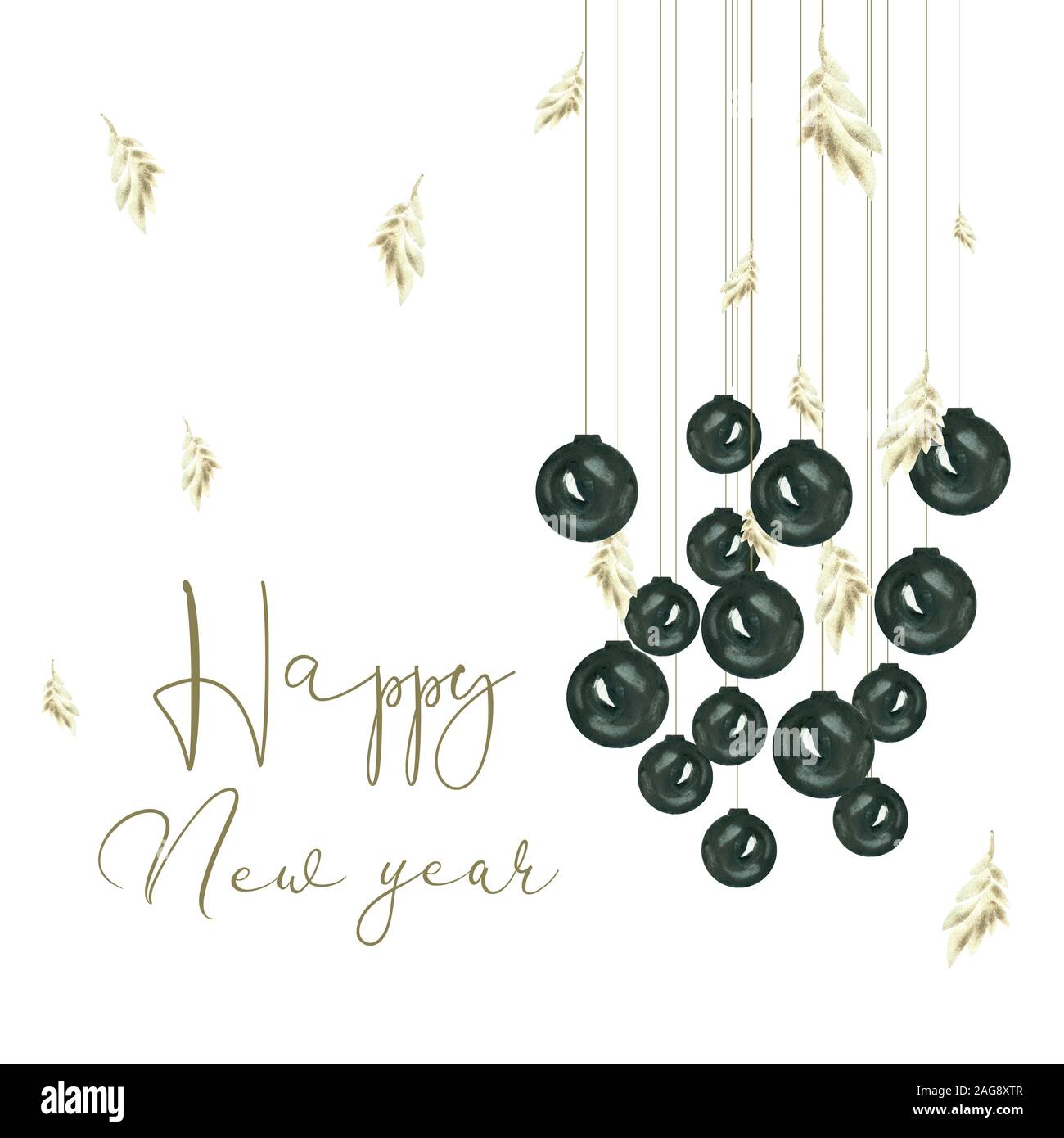 simple and minimalistic Happy New year card design with hanging black  christmas balls and golden feathers on white background Stock Photo - Alamy