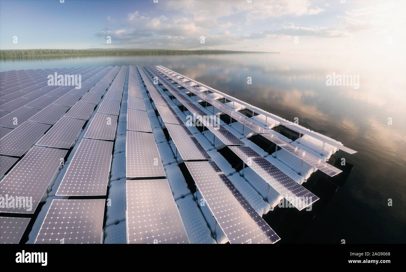 Concept of a floating solar panel array in beautifull calm morning lake with distant wild forest in background. 3d rendering. Stock Photo