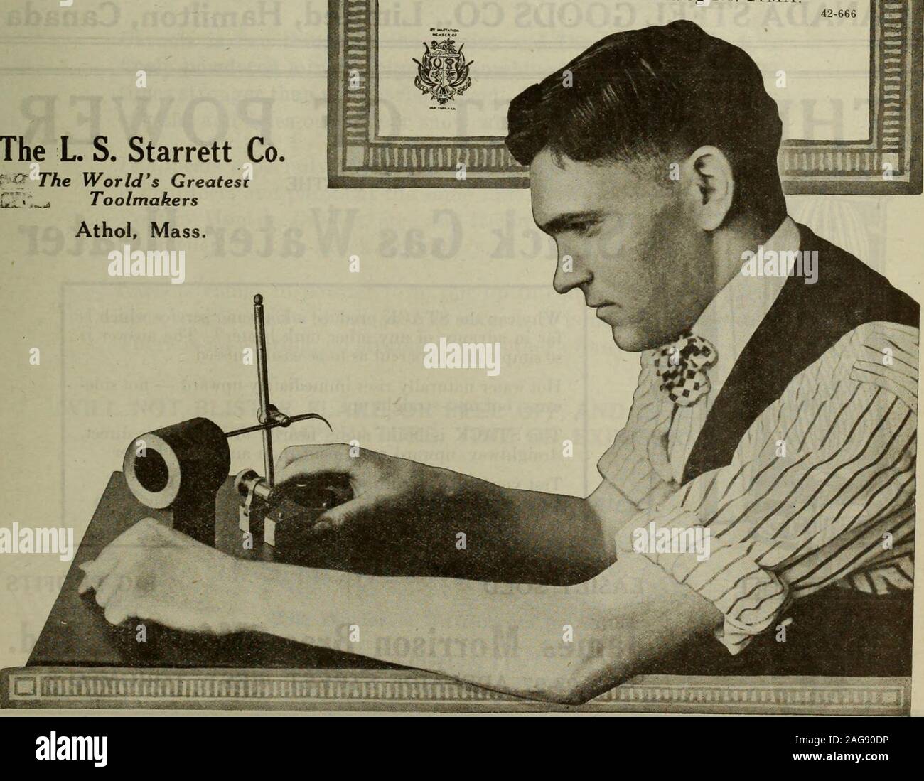 . Hardware merchandising March-June 1917. The L. S. Starrett Co. t The Worlds Greatest * Toolmakers Athol, Mass. 1IIIHIHIiir)IIIIIIIIflllHIfffflinf!lffIIIif||lf|lllHfffUII HERE is the most useful measur-ing instrument which machinistsneed in laying out their work. Itis an easy tool to sell because of thecomplicated layouts which are con-stantly arising nowadays in metalmanufacturing. Because of its variety of uses, mosttool-makers and machinists want the StaYvett »e* u * mx on. Surface Gage for scribing lines on the work. This gage maybe used on all kinds of surfaces. Starrettsurface gages are Stock Photo