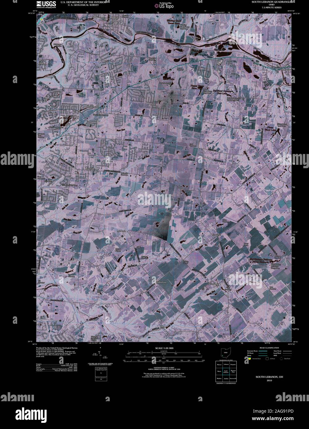 USGS TOPO Map Ohio OH South Lebanon 20100722 TM Inverted Restoration Stock Photo