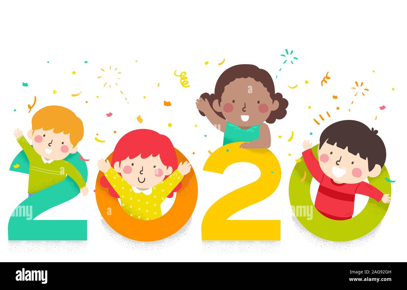 Illustration of Kids Waving and Welcoming the New Year 2020 with Confetti Stock Photo