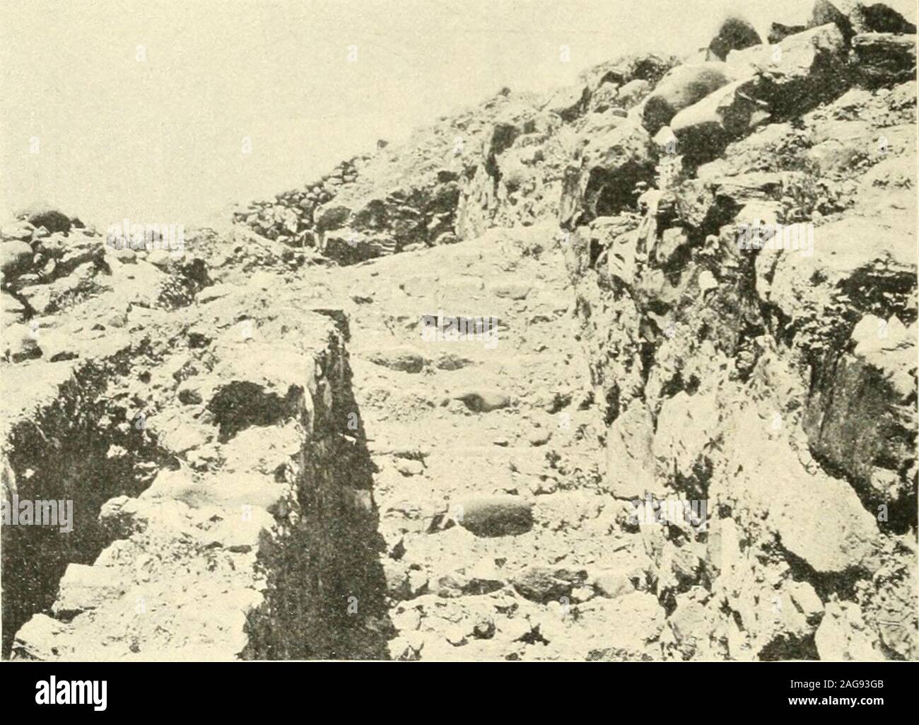 . Excavations at Phylakopi in Melos,. Fig. 17.—View of Pass.uje throu&lt;;;h the Towx Wall lookixg South.. Fit;. IS.—View of Staircase.(Partly obliterated by dtbris fallen since excavation.) THE ARCHITECTURE. 33 Outside the town, roughly parallel with the wall and at a distance ofabout 2| m. from it is another line of stonework, nowhere, I think, more thanone course high except in the fragment facing the west wall (PI. II., A 5 : f^)where it rises to a height of about one metre. Its outline correspondsclosely with that of the outer main wall, so that the two structures weredoubtless in some wa Stock Photo