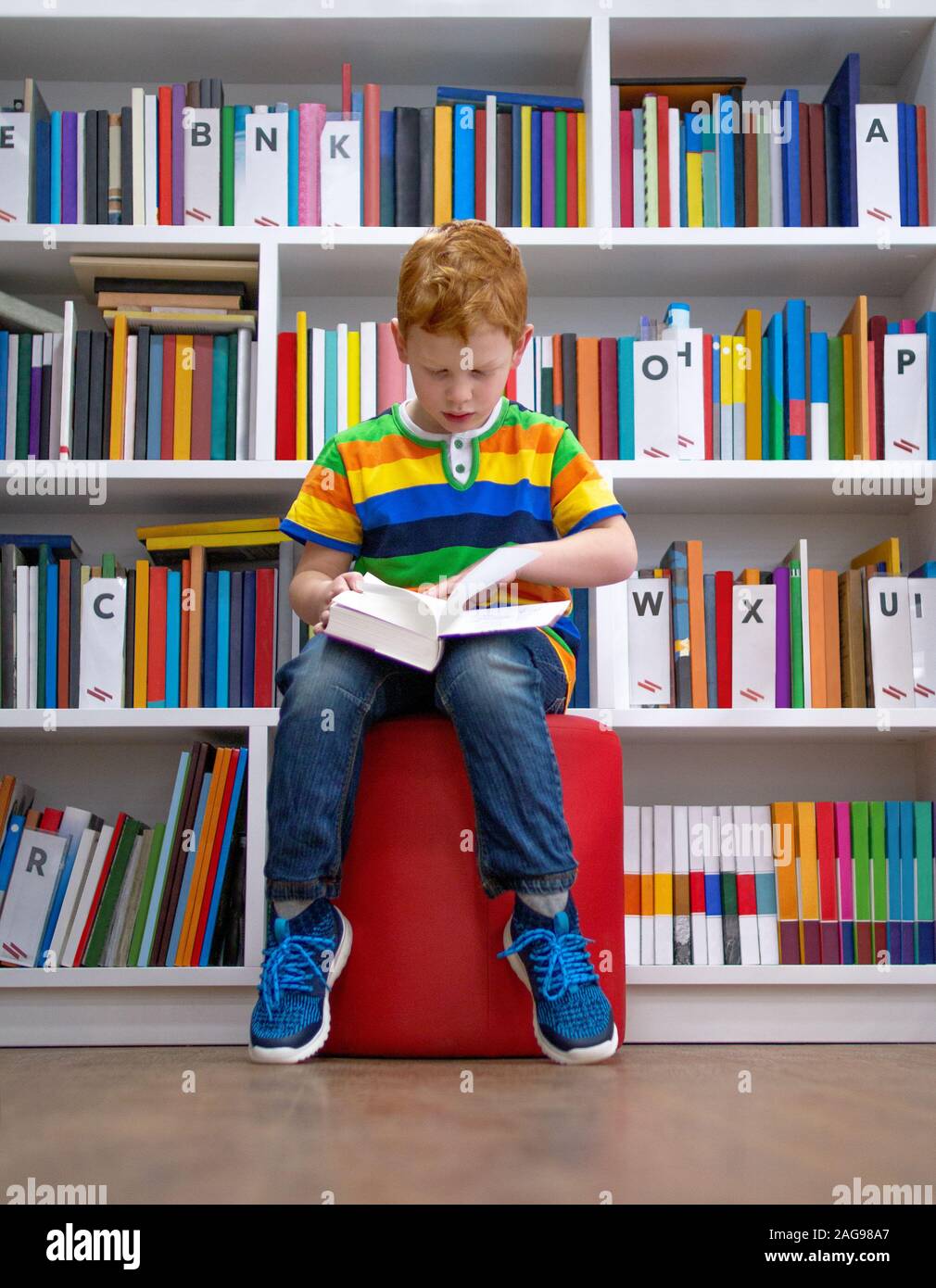 Adorable red-haired little boy, sitting in a library, reading book. Knowledge, education, getting ready for school. Multi colored bookshelf in the lib Stock Photo