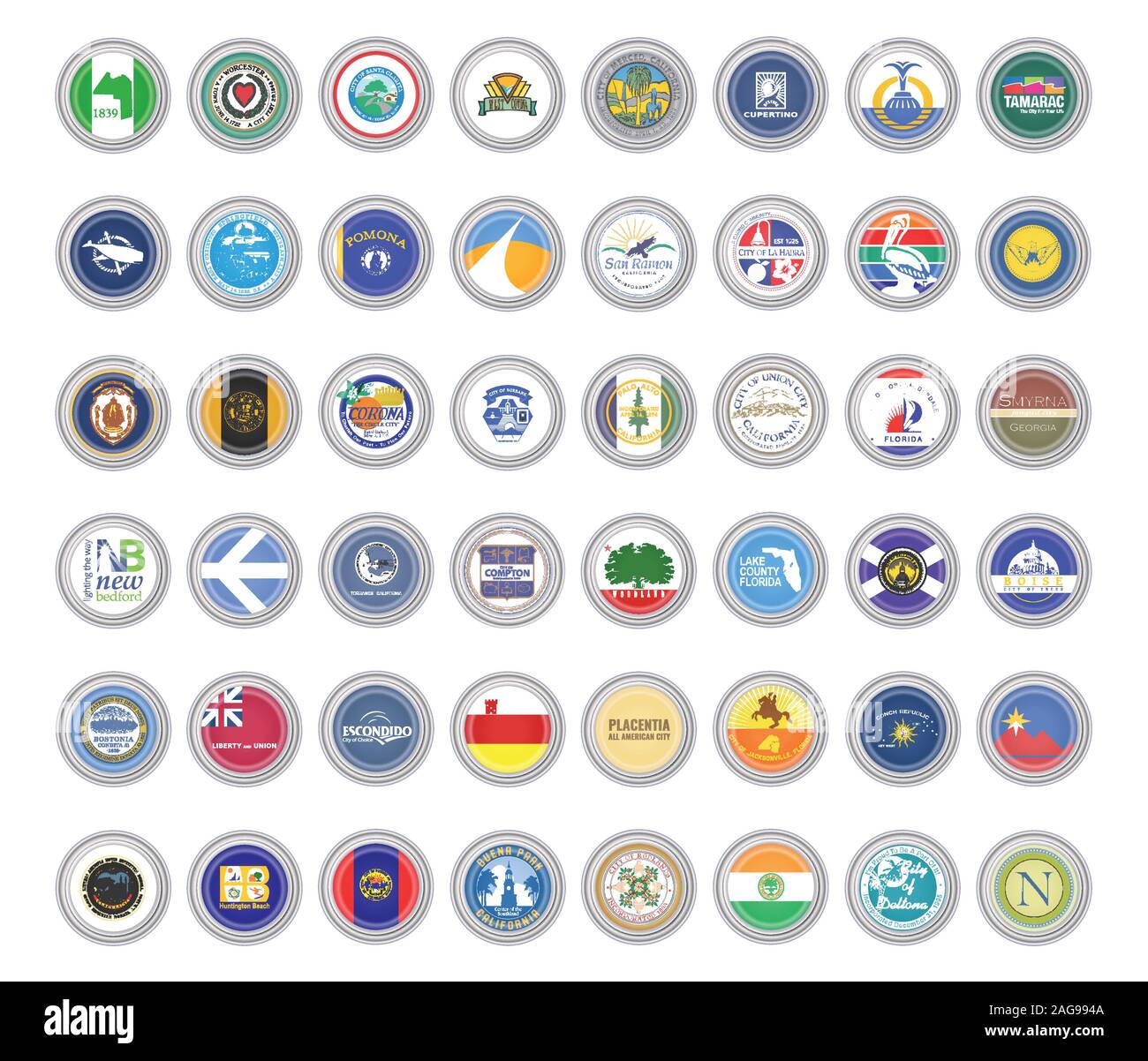 Set of vector icons. Flags of the USA cities. 3D illustration Stock
