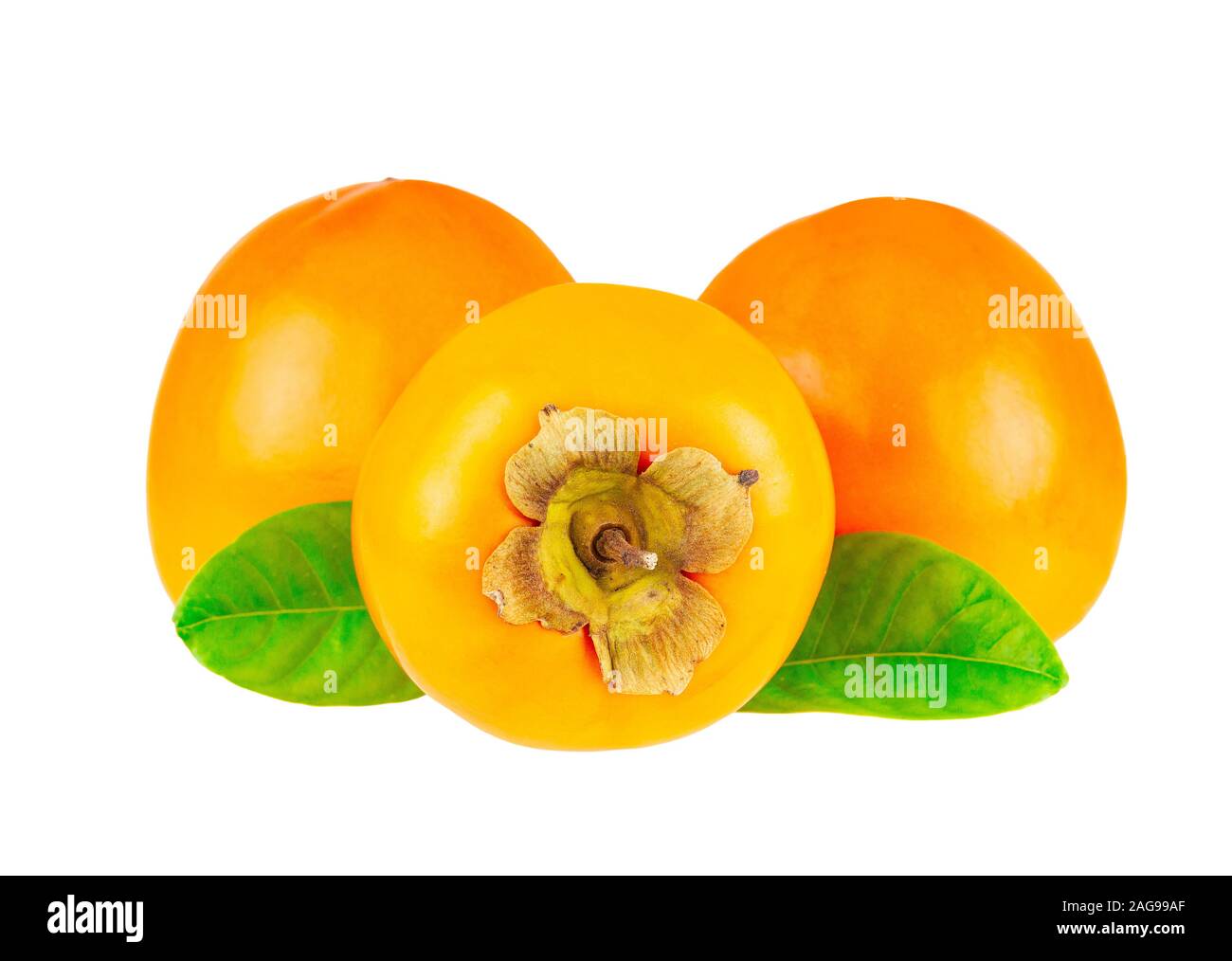 Close-up of Persimmons fruit with leaf isolated on white Stock Photo