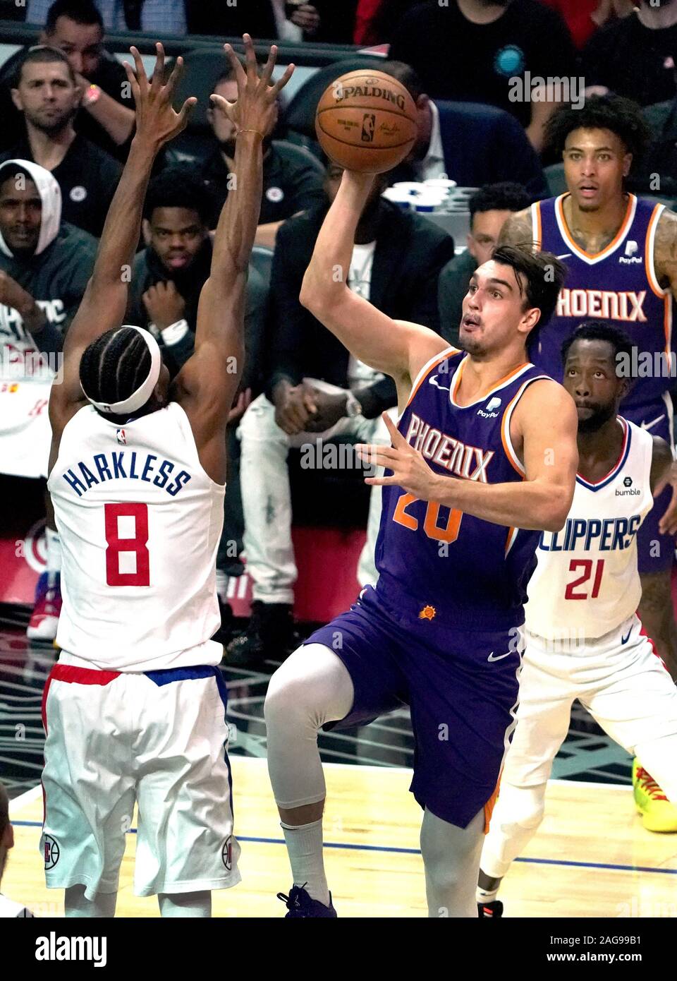 Phoenix Suns Dario Šari? shoots over Los Angeles Clippers Maurice Harkless in first quarter action at Staples Center in Los Angeles Tuesday, December 16, 2019. The Clippers defeated the Suns 120-99. Photo by Jon SooHoo/UPI Stock Photo