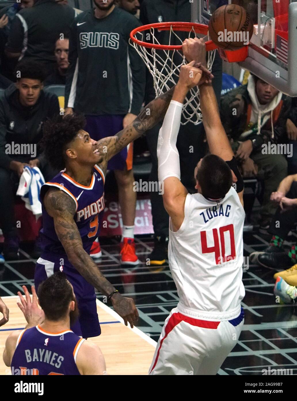 Phoenix Suns Kelly Ombre Jr blocks shot of Los Angeles Clippers Ivica Zubac in second quarter action at Staples Center in Los Angeles Tuesday, December 16, 2019. The Clippers defeated the Suns 120-99. Photo by Jon SooHoo/UPI Stock Photo