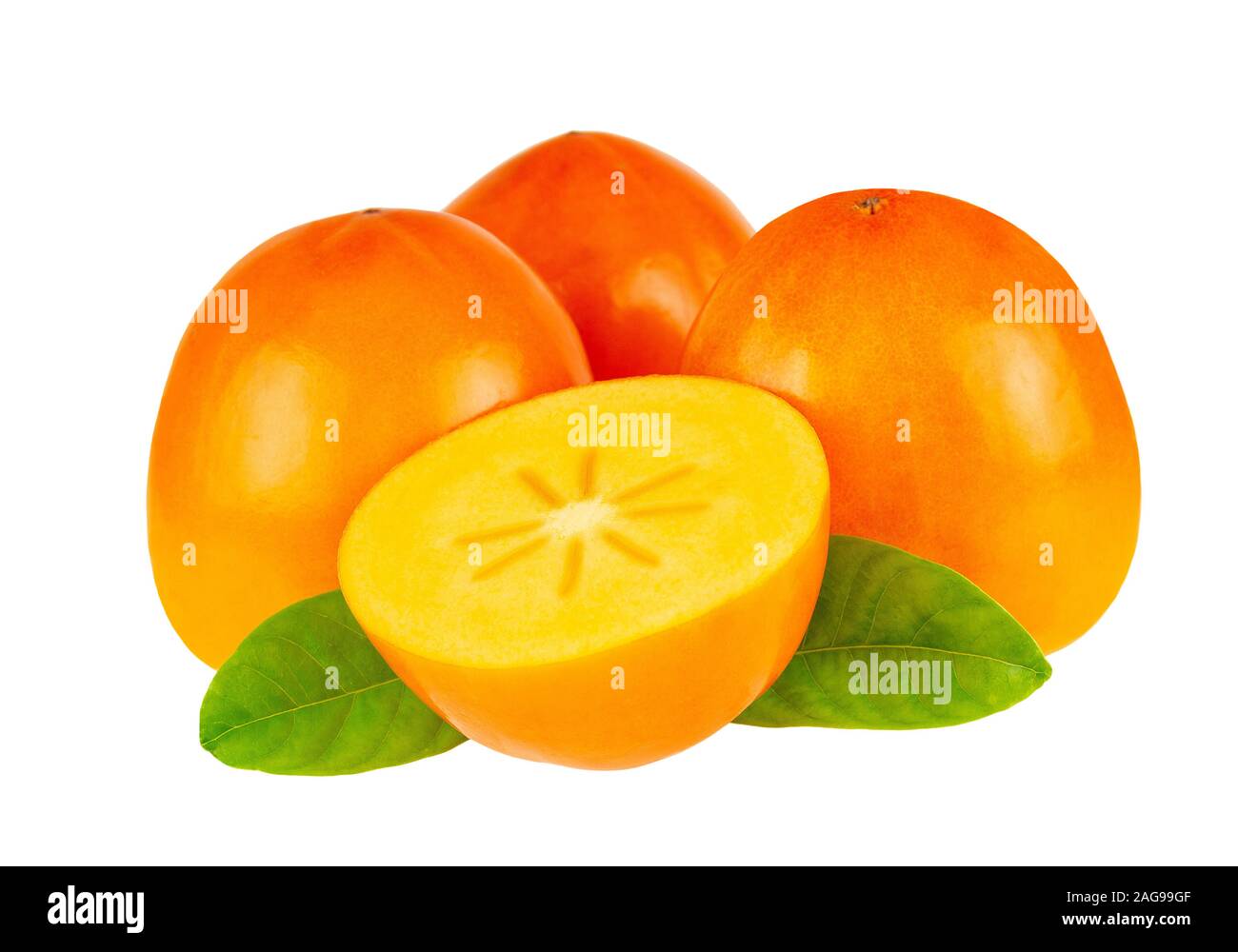 Persimmon Whole And Halved Fruit Isolated On White. Persimmon Closeup Retouched Image. Stock Photo