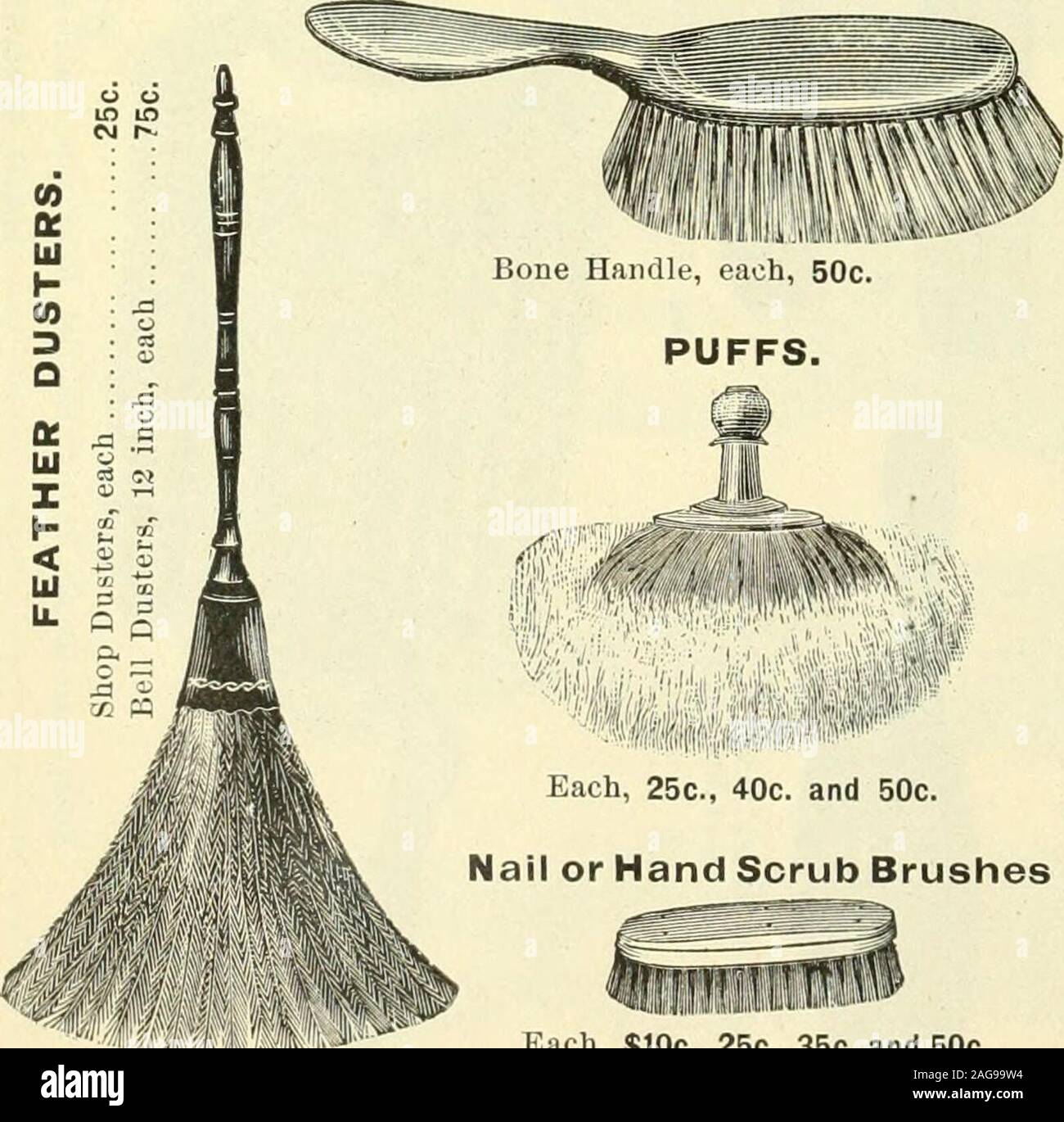. Price list and barbers' purchasing guide of barbers' chairs, furniture, and barbers' supplies ... Xo. 3. Xo. 52. Xo. 1. EACH. 60c. 3. French Bristles, lar^e 2. Enameled Handle, French Bristles 50c 1. Plush Covered Back, Horse Hair 40c TOOTH BRUSHES. Illikiilillf Per dozen, $1.00, $1.25 and $1.50 WHISKS. FACE BRUSH-( Very Soft.). PUFFS. ^jv^r Each, 25c., 40c. and 50c.Nail or Hand Scrub Brushes Stock Photo