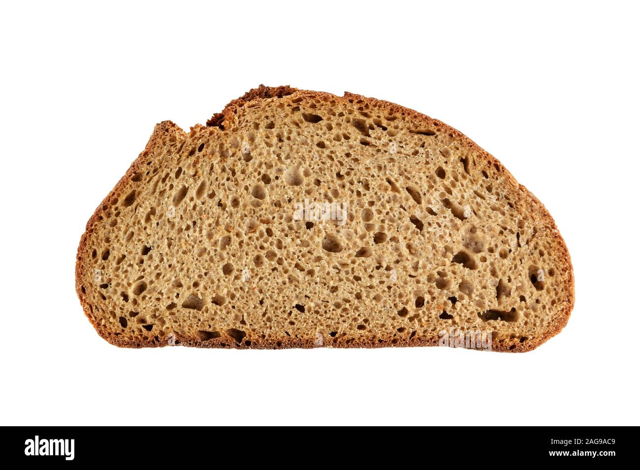 Closeup of one slice dark rye bread loaf isolated on white background Stock Photo