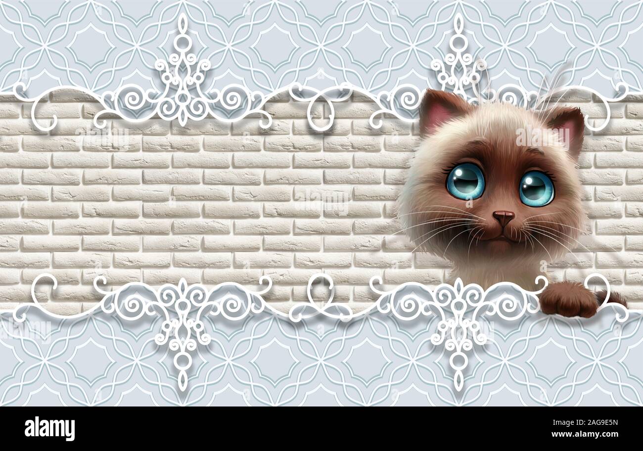 3d wallpaper, cute baby background with cat. Baby cards. Stock Photo