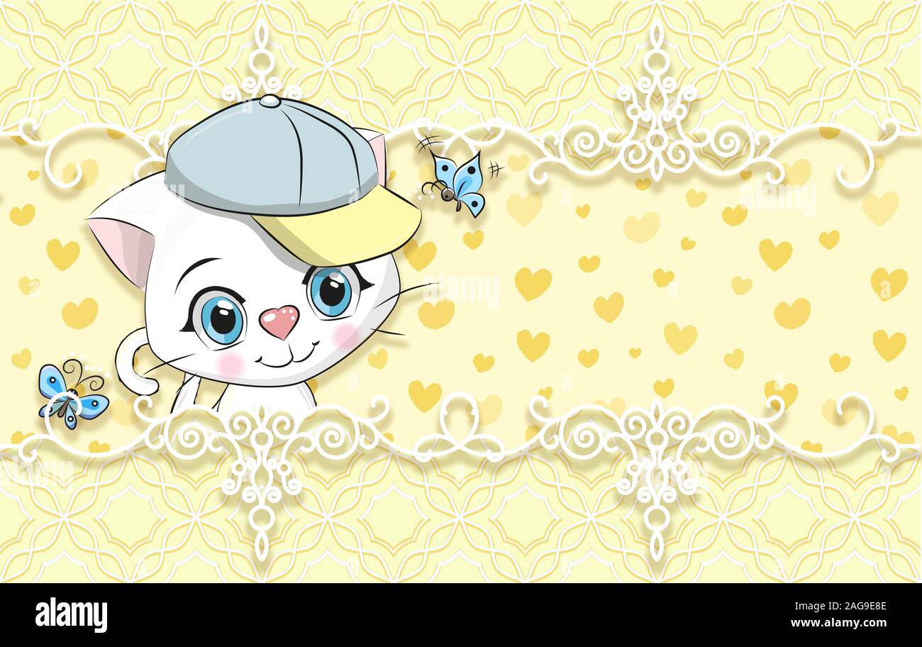 3d wallpaper, cute baby background with cat. Baby cards. Stock Photo