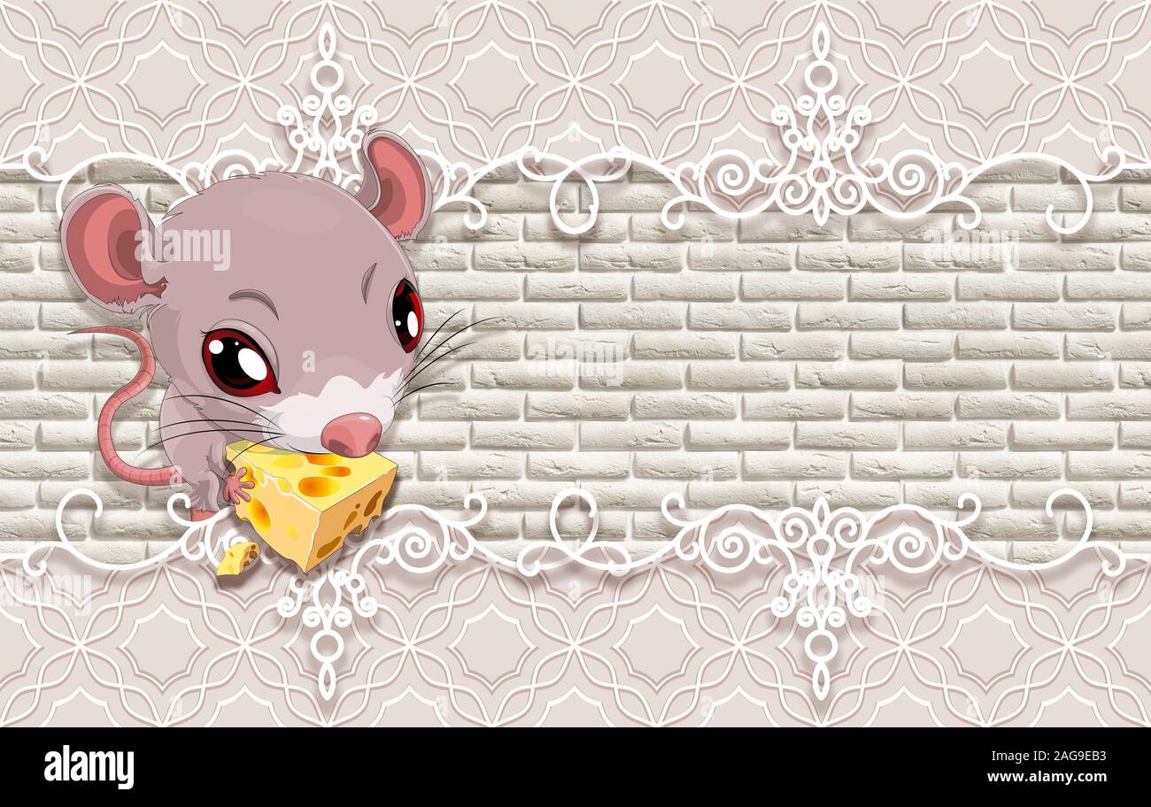 3d wallpaper, cute baby background with mouse. Baby cards. Stock Photo