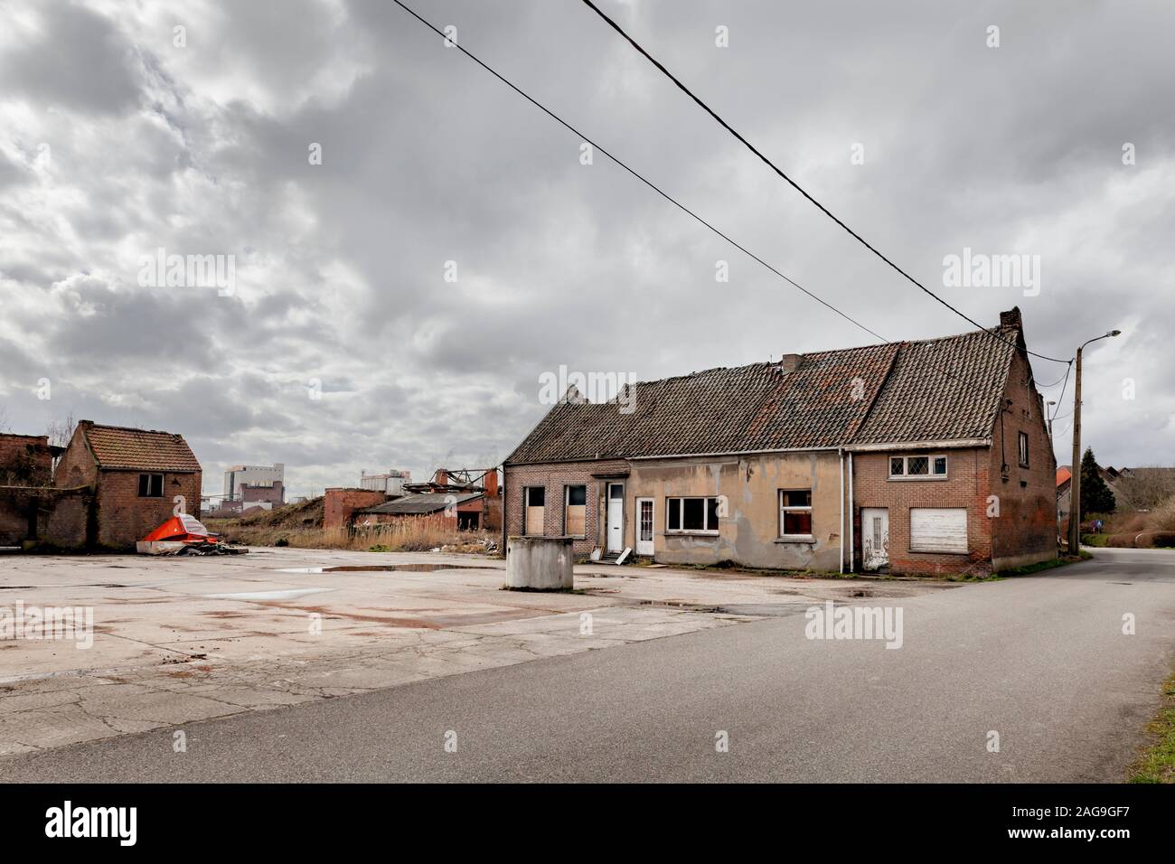 Noeveren, Boom, Belgium - March 11, 2018: Derelict workers houses near the abandoned brickyards in Noeveren Stock Photo