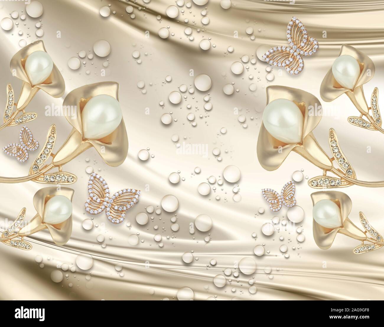 3d background, Butterfly and Calla Lily. 3d wallpaper with jewelry flowers, butterflies and water drops on beige silk Stock Photo