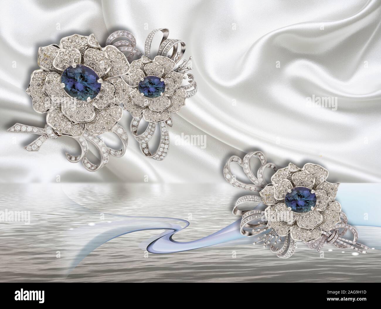 3d wallpaper, jewelry flowers on white silk will expand visually room, make  room lighter and become a good accent in the interior Stock Photo - Alamy