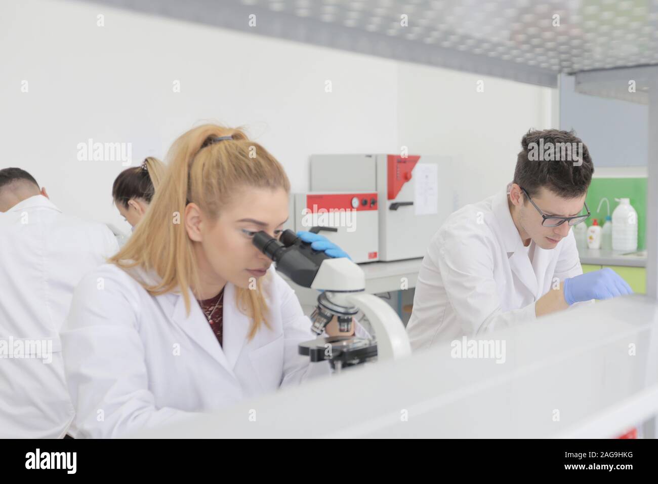 Group of young Laboratory scientists working at lab with test tubes and ...