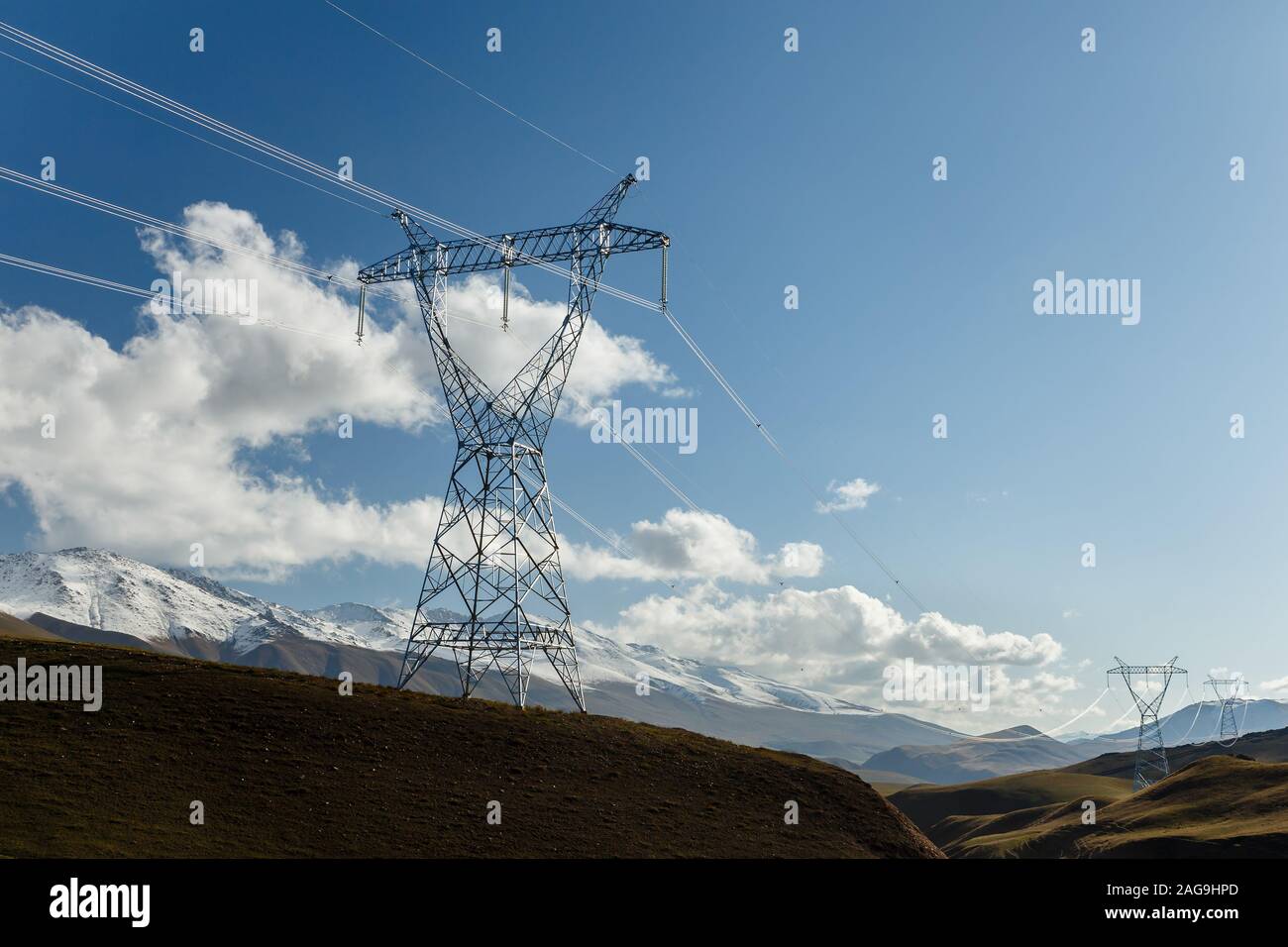 high-voltage power line in the mountains, electric high voltage power ...