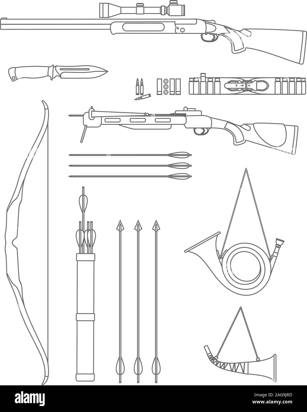 Set of different silhouettes hunting weapons and objects flat linear vector icons isolated on white background. Vector illustration. Stock Vector