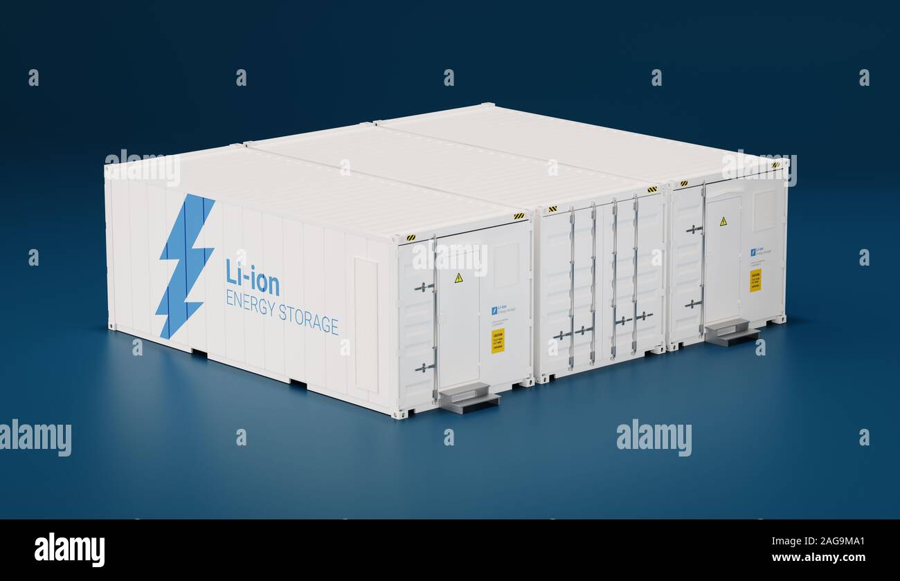 Battery energy storage facility made of shipping containers. 3d ...