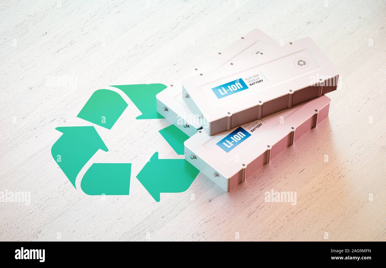 Li-Ion electric vehicle battery recycling concept. Recycle symbol with EV batteries on wooden desk. 3d rendering. Stock Photo