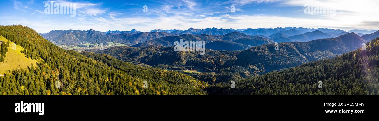Brauneck mountain in autumn. Aerial Panorama. Lenggries, Bavaria, Germany. New Schroedlestein Ski Lift Stock Photo