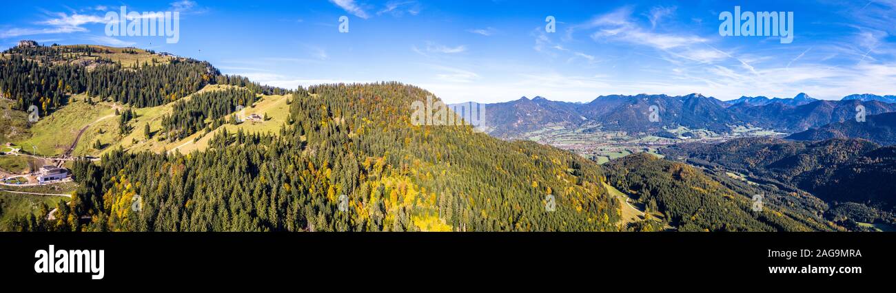 Brauneck mountain in autumn. Aerial Panorama. Lenggries, Bavaria, Germany. New Schroedlestein Ski Lift Stock Photo