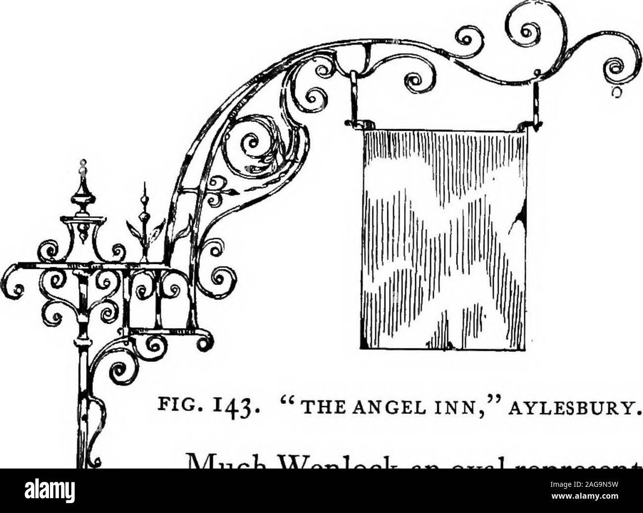 . English ironwork of the XVIIth & XVIIIth centuries; an historical & analytical account of the development of exterior smithcraft. FIG. 142. the magpie, HARLESTON, NORFOLK. Inn Signs. THE ANGEL INN, AYLESBURY. The large one at Mere in Wilts (Fig. 141), with its compli-cated system of scrolls and stays, is of poor and late workman-ship, something inthe style of anequally large one atThame. One of noless spread is atWylie in the samecounty. The Mag-pie (Fig. 142), . isinteresting asa • Norfork speci-men, being fromHarleston. AtMuch Wenlock an oval representing the ancient hoop,supported from ba Stock Photo