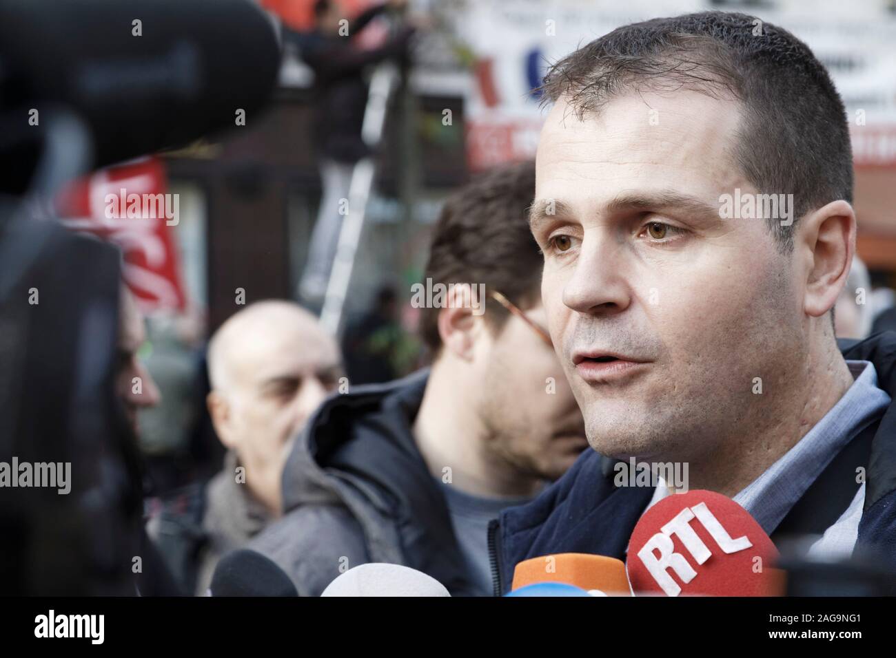 Paris, France. 17th Dec, 2019. Secretary general of the FSU, Benoît Teste attends the demonstration against the pension reform project in Paris. Stock Photo