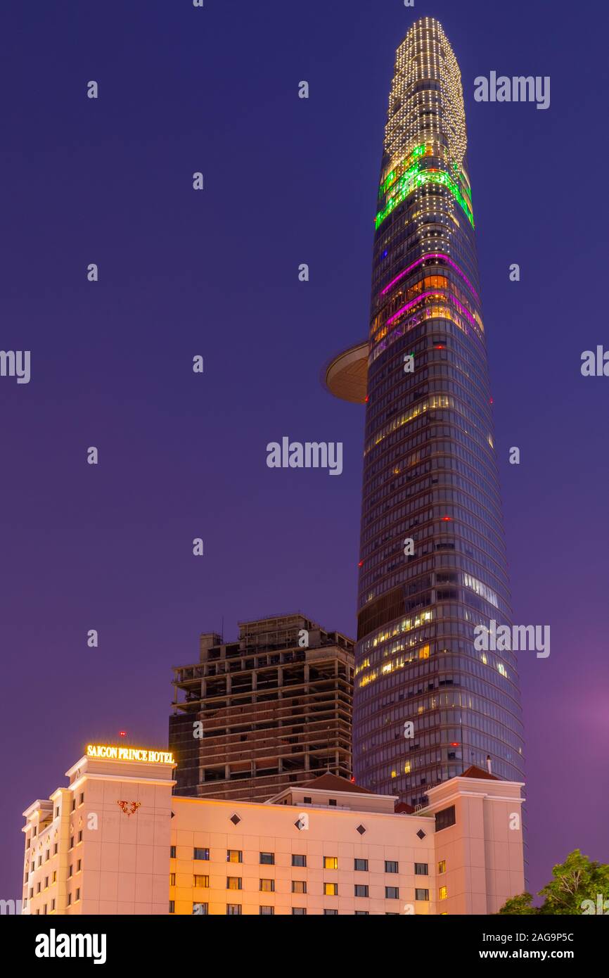 HO CHI MINH CITY - March 03 2019: The Bitexco Financial Tower is the tallest building in Vietnam, inaugurated in 30 october 2010 at night. Stock Photo