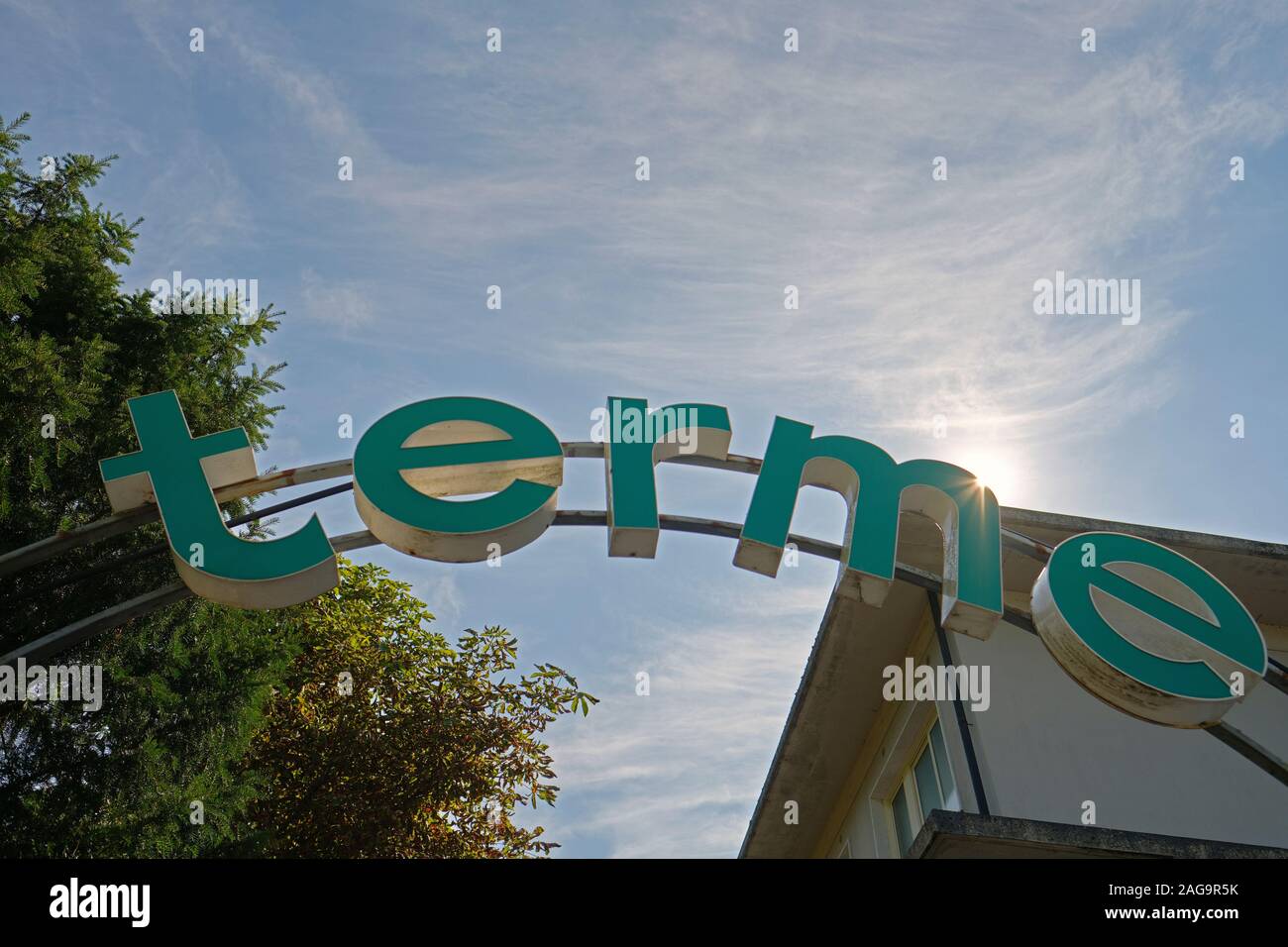 The entrance to the Spa Terme Di Equi a natural thermal spa bath in Equi Terme, Apuan Alps, Tuscany Italy EU Stock Photo