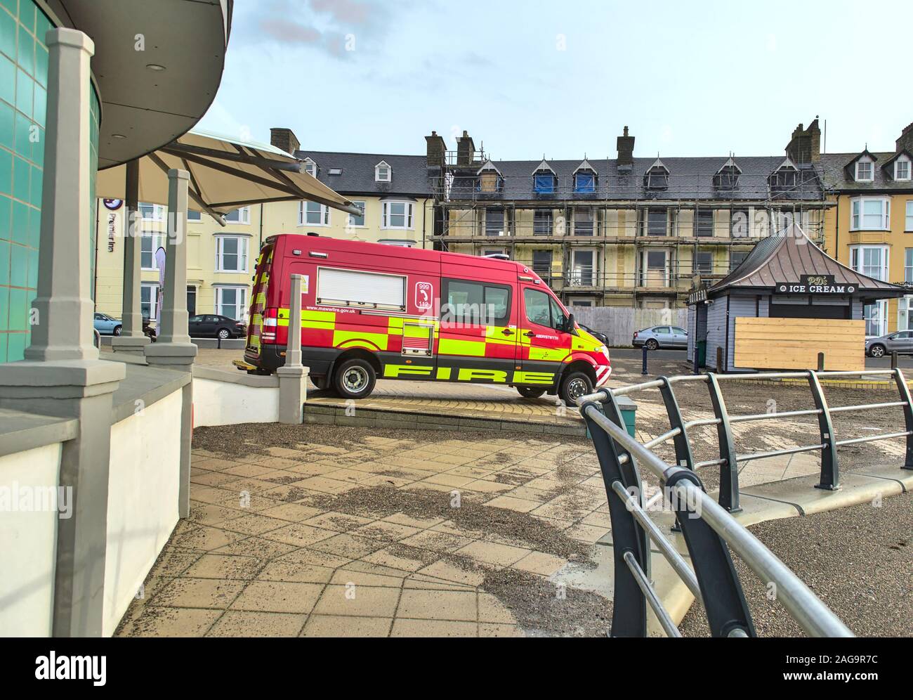 Mid and West Wales Fire Brigade [Fire and Rescue] parked on the promenade outside the bandstand Stock Photo