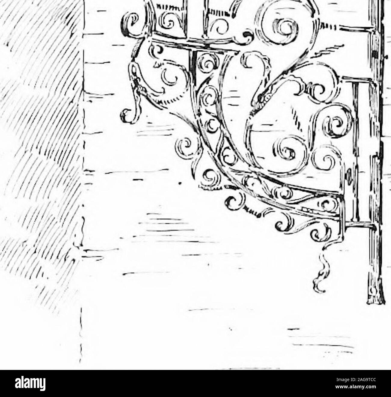 . English ironwork of the XVIIth & XVIIIth centuries; an historical & analytical account of the development of exterior smithcraft. V:© ff^^ I. FIG. 140. the old bull, bruton, somerset. From a Draioing by e. guy dawber. few, like he of Plashey, being excellent. The West Countryis undoubtedly the richest, Wimborne possessing three andWareham a fourth, by the same hand, handsomely scrolled,three of them arched and drooping. In Somerset is a fine exampleto the Bull Inn at Bruton (Fig. 140) with a quadrant-shapedsupport and scrolled stays, and another at the Crozvn Inn. Stock Photo