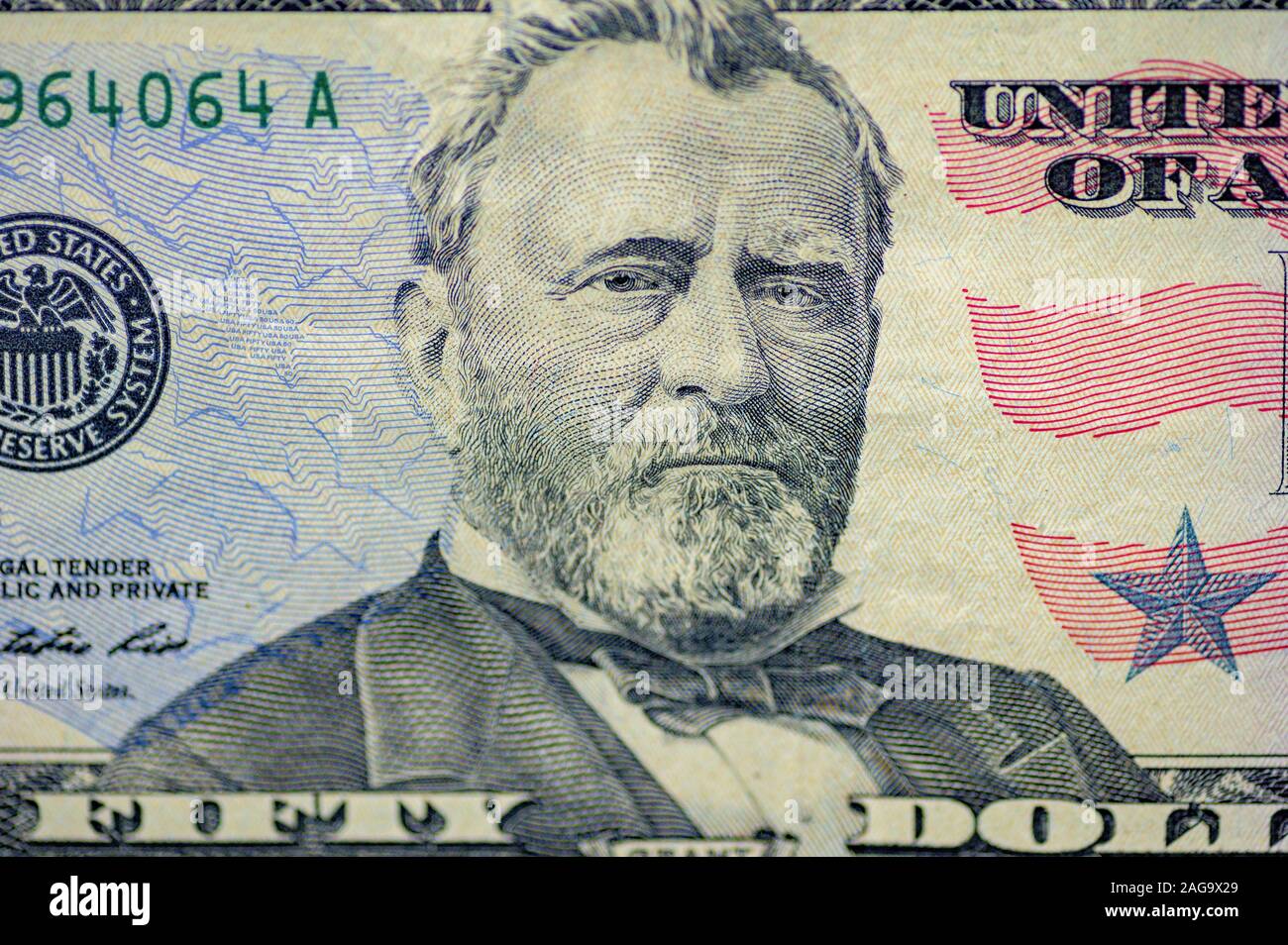Closeup shot of the Ulysses s. grant on the fifty dollar bill Stock