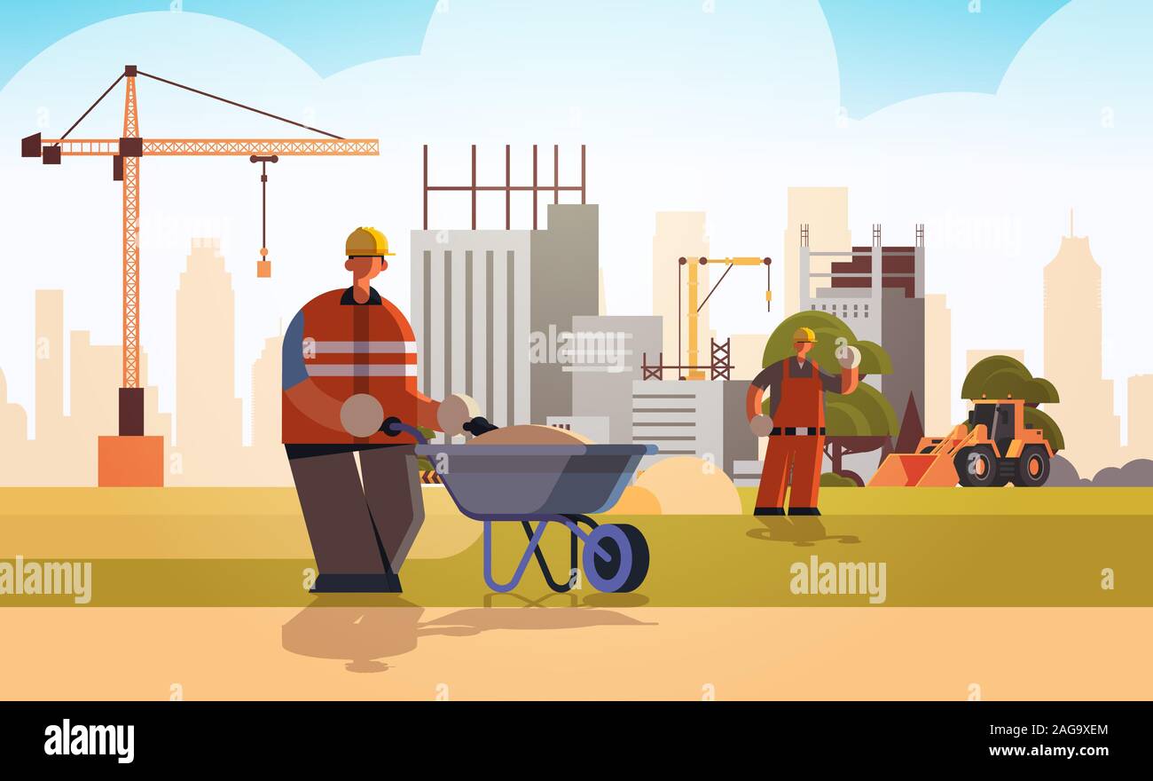 builder pushing wheelbarrow with sand busy workman in protective uniform and helmet industrial worker building concept construction site background flat full length horizontal vector illustration Stock Vector