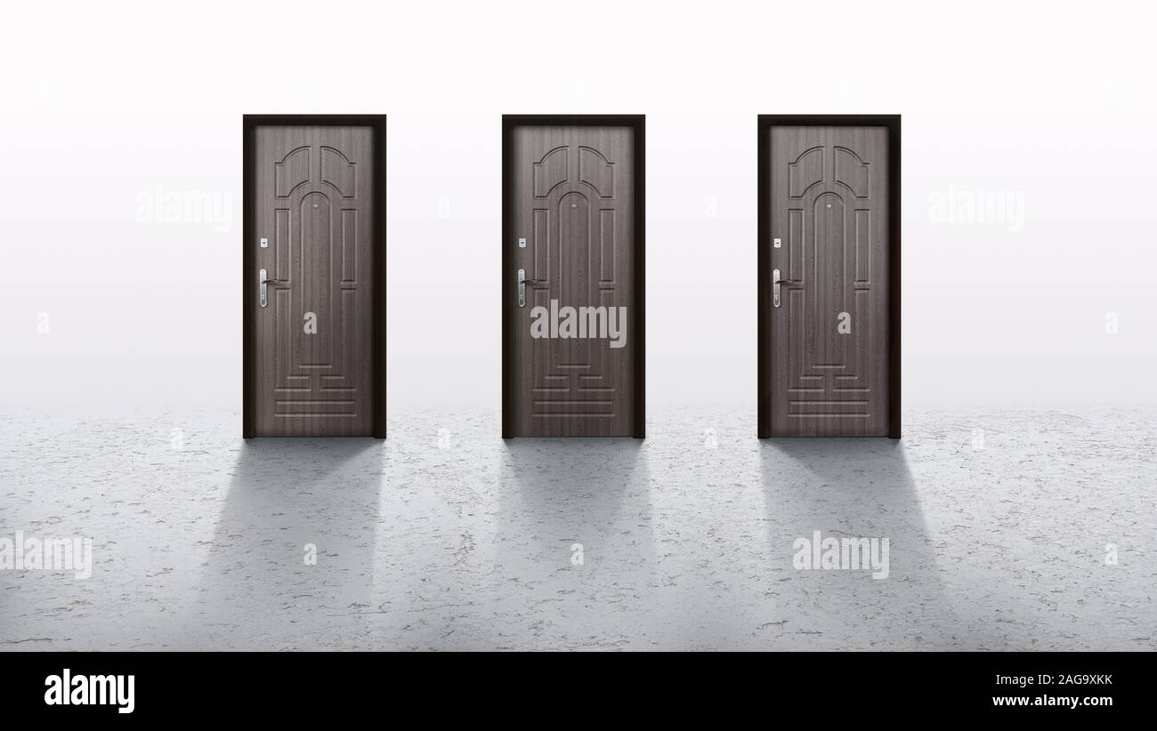 Three similar unremarkable doors over gray background Stock Photo