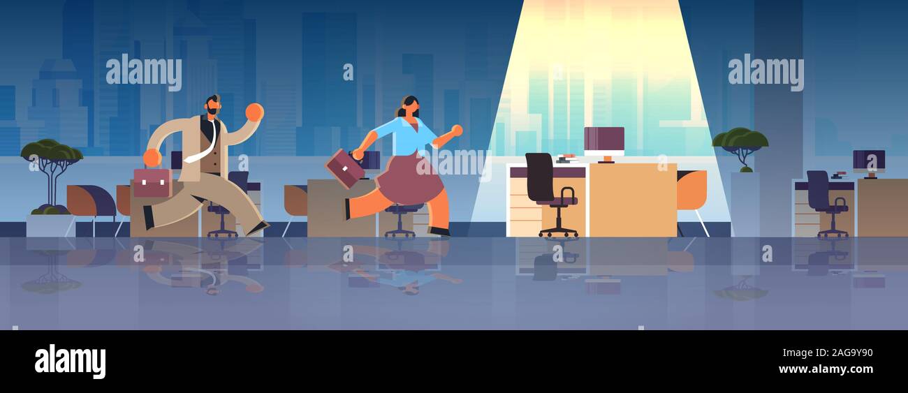 businesspeople employee couple running to workplace desk business