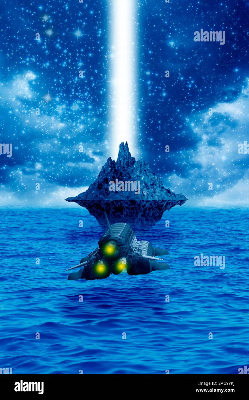 science fiction illustration with spaceship and alien island floating over a sea of water Stock Photo