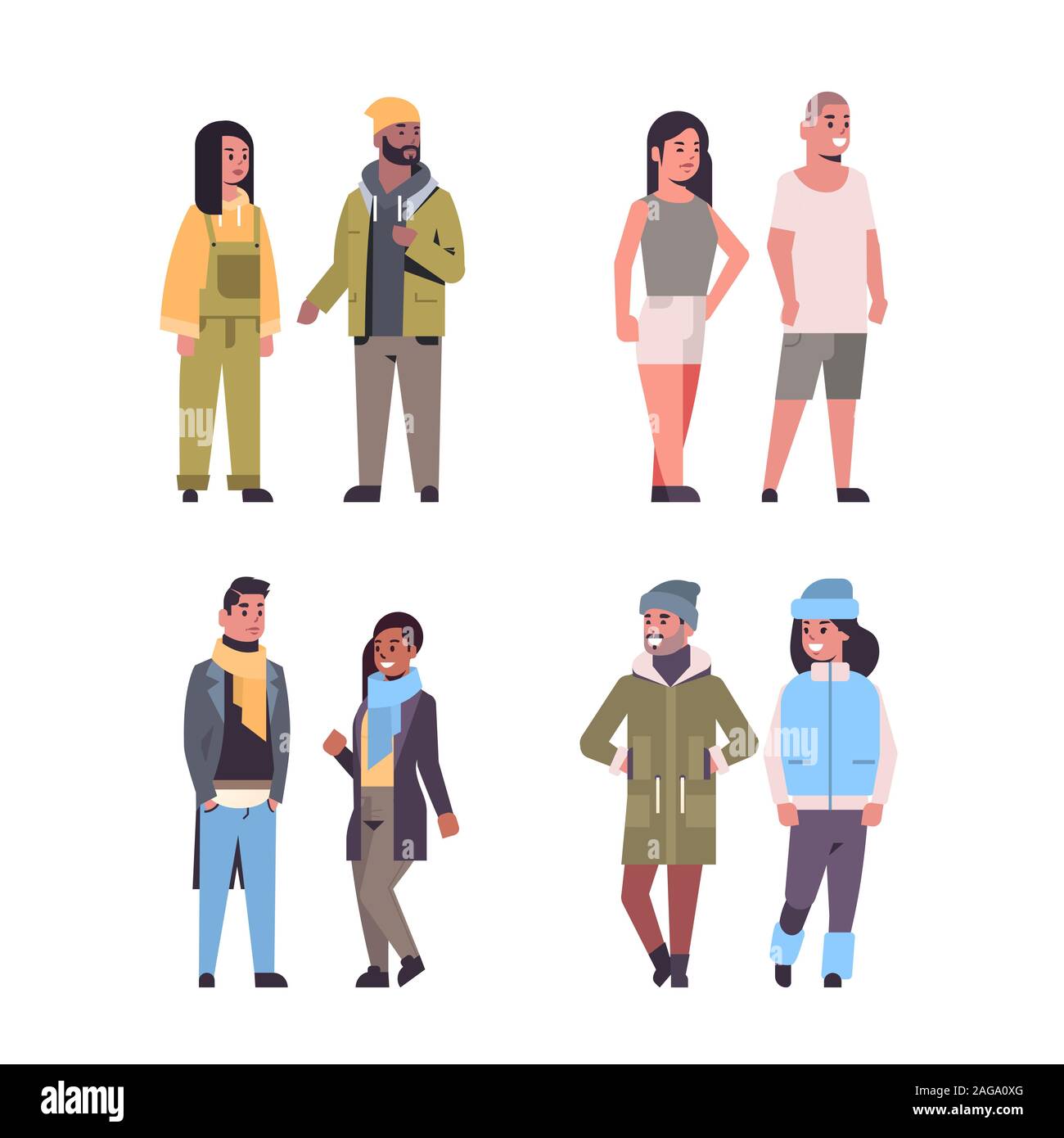 set people in casual clothes standing pose mix race guys and girls pairs wearing seasonal clothes flat full length vector illustration Stock Vector