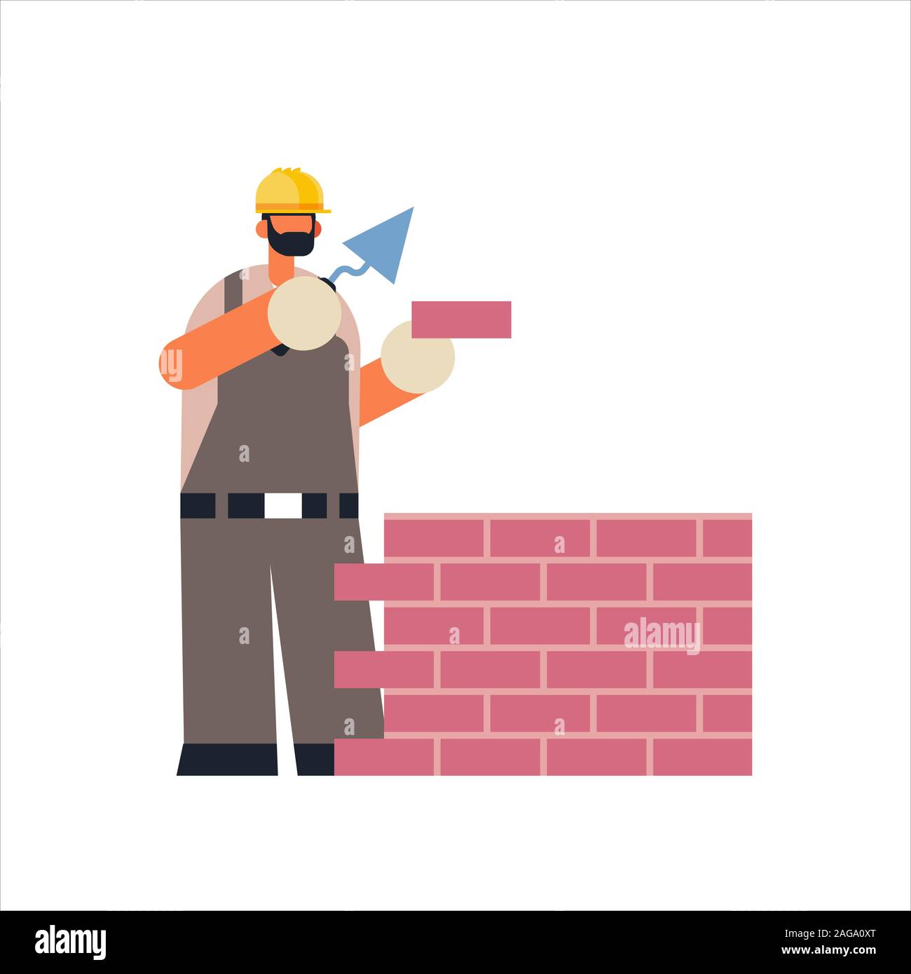 male builder using spatula workman laying brick wall construction worker in uniform bricklaying building concept flat full length vector illustration Stock Vector
