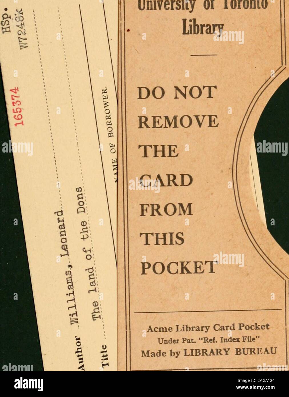 . The land of the Dons. University of Torontolibrary. Acme Library Card Pocket Under Pat. Ref. Index FUe Made by LIBRARY BUREAU Stock Photo