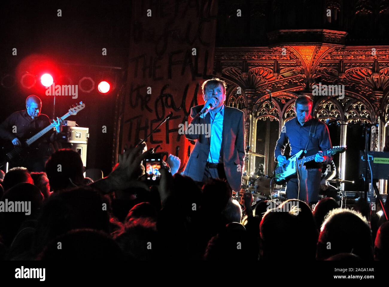 Mark E Smith & The Fall perform 15/05/2014 Manchester Cathedral gig - Simon Archer, Mark.E.Smith, Pete Greenway Guitarist & Elena Poulou Keyboard Stock Photo