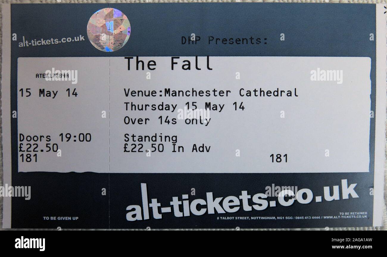 Ticket Alt-Tickets to see Mark E Smith & The Fall perform 15/05/2014 Manchester Cathedral gig Stock Photo
