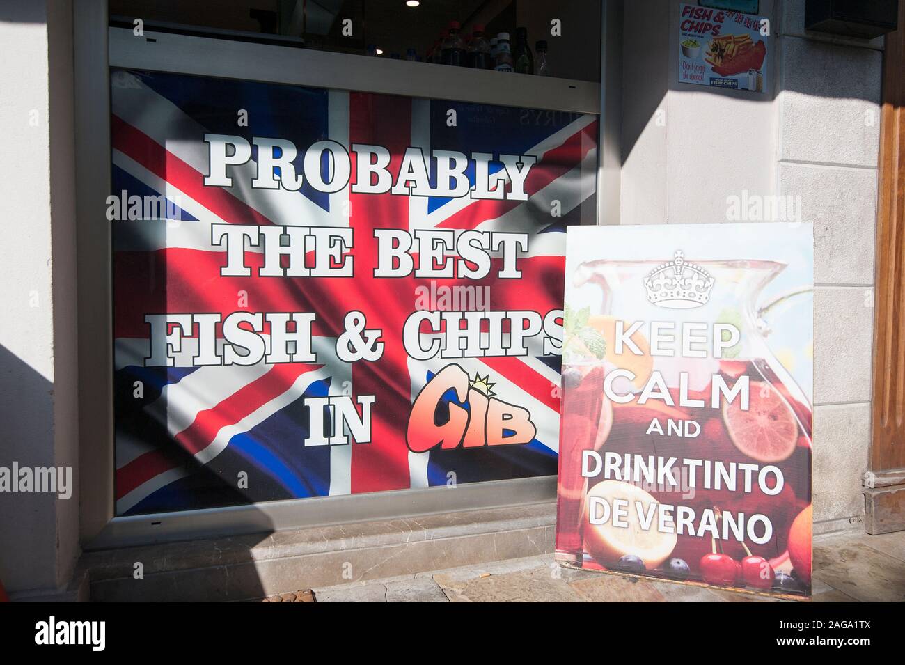 UK, Gibraltar: There are many fish and chips places. Stock Photo